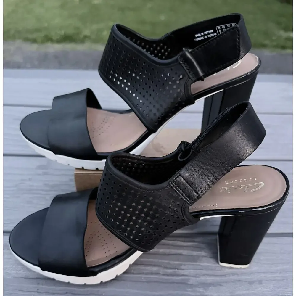 Clarks Pastina Malory Sling Back Leather Block Heel Black Size 8.5M Vacation GUC